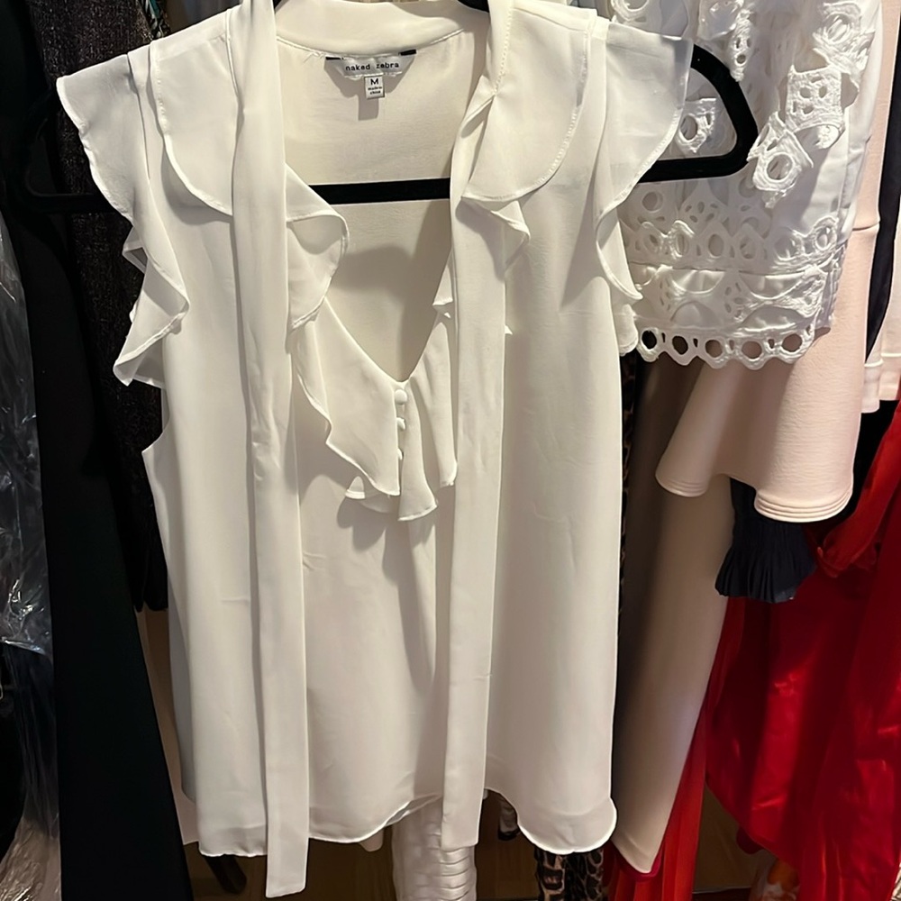 Gorgeous, Winter White Ruffle Sleeve V-Neck Blouse With Tie, Bow Size Medium